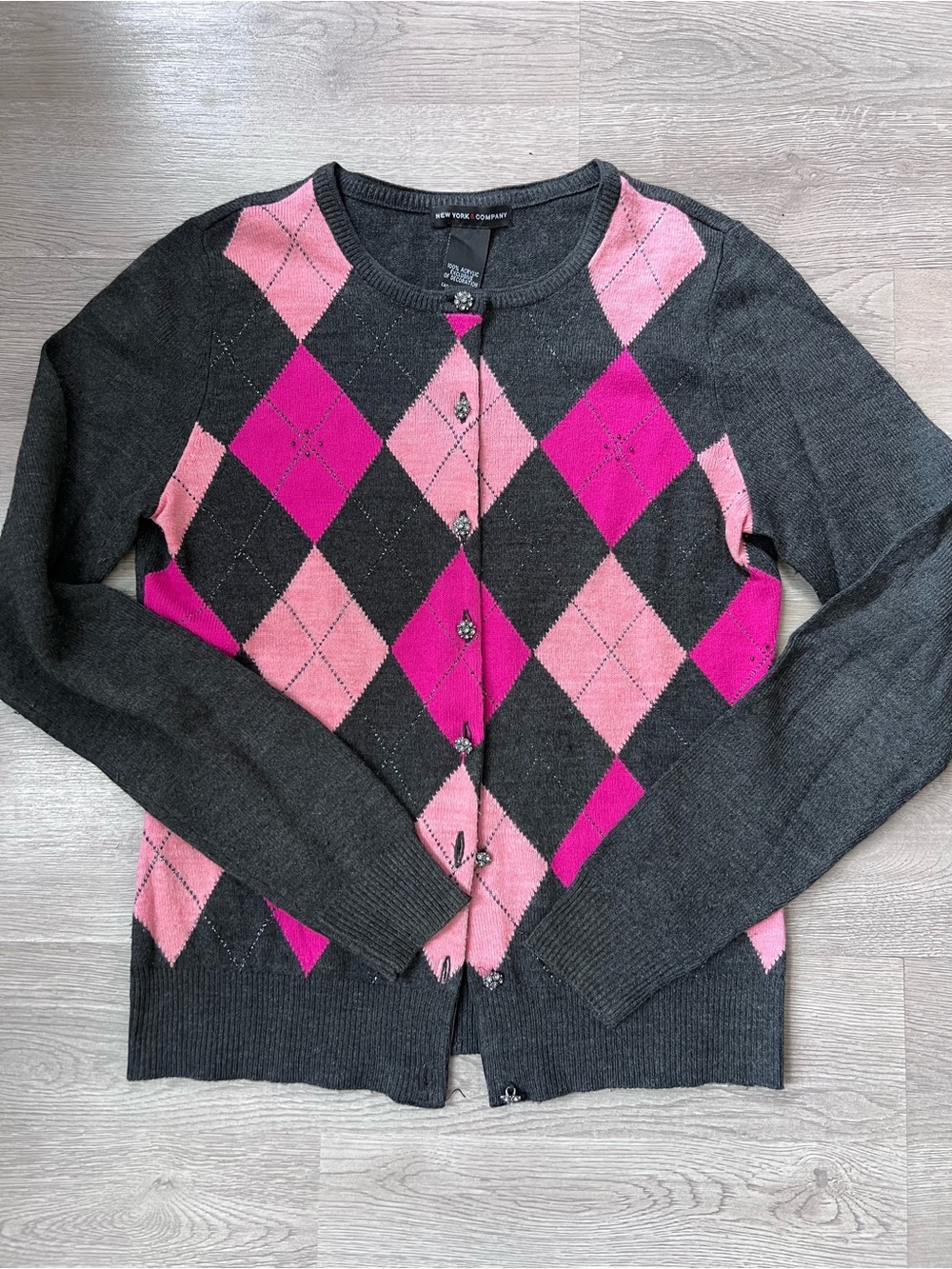 New York and Company Grey and Pink Argyle Button-Up Cardigan Sweater